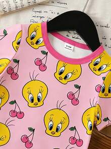 LOONEY TUNES X SHEIN GraphicGems 女婴可爱卡通印花圆领短袖上衣 - 玫紅色 - 查看 3