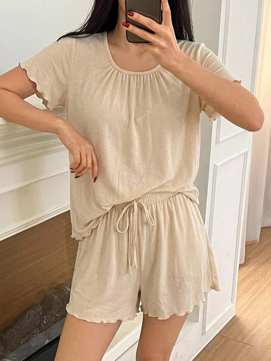 DAZY 2pcs/Set Solid Color Short Sleeve T-Shirt & Short Pajama Pants With Gathered Design, Overlock Wavy Edge, Summer Home Wear Outfit - Apricot - View 1
