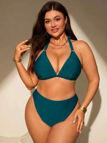 SHEIN Swim Curve 休閒度假女款大尺碼泳裝套裝 - 水鴨藍 - 查看 5