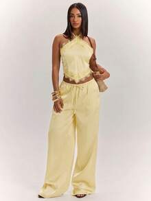 SHEIN BAE Solid Color Lace Trim Backless Halter Top And Long Pants Set - Yellow - View 4