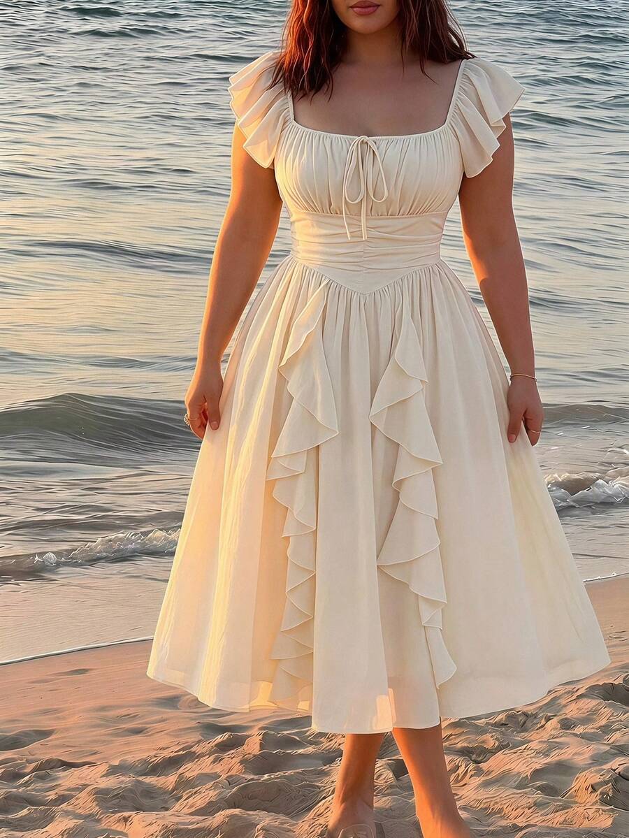 SHEIN MOD Plus Size Women Solid Color Ruffle Pleated Elegant Waist Gathering Dress For Party
