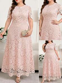 Reflora Plus Size Elegant Solid Color Lace Party Dress - Pink - View 6