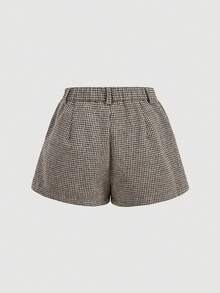 SHEIN MOD 女款格紋單排扣西裝外套與短褲休閒日常套裝 - 卡其色 - 查看 5