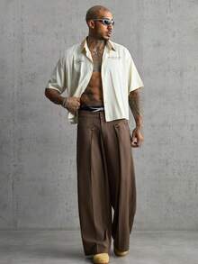 AXEPEAK Men's Pocket Pleated Design Wide Leg Loose Pants - Brown - View 6