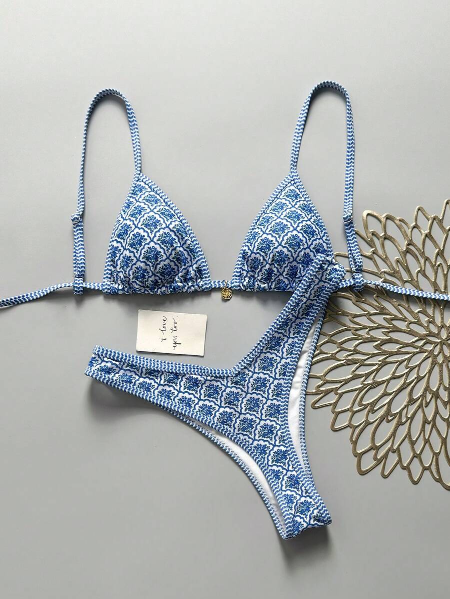 Swim Mod Women Summer Random Floral Spaghetti Strap Sexy Bikini Set - Blue and White - View 1