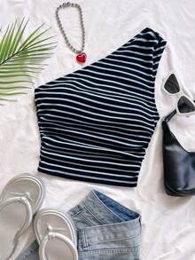 Soleia Sexy Casual One Shoulder Ruched Striped Sleeveless Top No Chest Padding - Multicolor - View 4