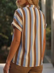 SHEIN Fashionable Versatile Commute Multi-Color Striped Short Sleeve Shirt - Multicolor - View 3