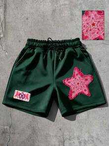 ROMWE MEN Street Life Men's Star Print Shorts, Suitable For Daily Wear In Spring And Summer - Green - View 1