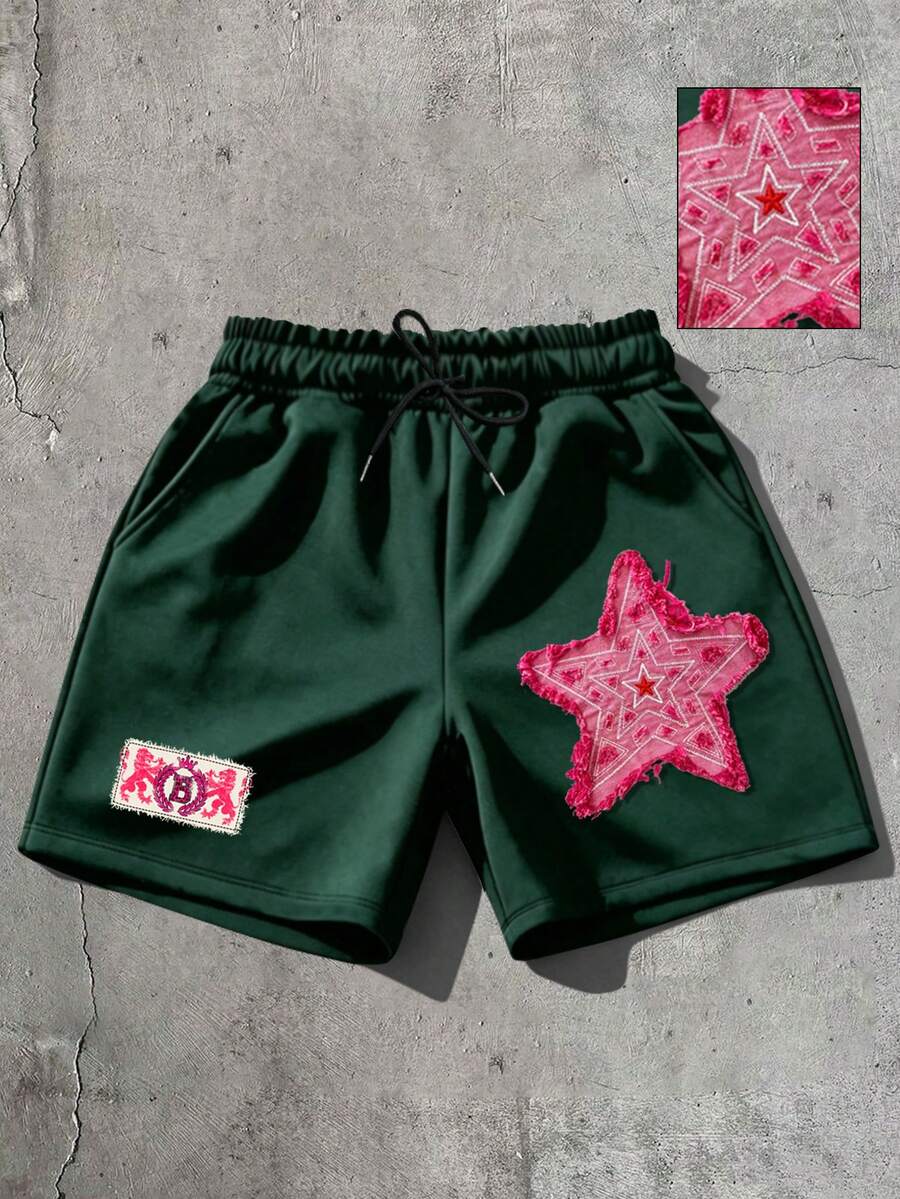 ROMWE MEN Street Life Men's Star Print Shorts, Suitable For Daily Wear In Spring And Summer - Green - View 1