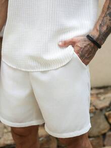 VENTUSAIL Men's Summer Thin Faux Linen Striped Vacation Casual Loose Patchwork Pullover Short Sleeve Shirt And Solid Color Elastic Waist Shorts Set - White - View 3
