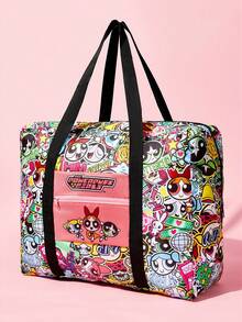 THE POWERPUFF GIRLS X SHEIN 1個可愛卡通角色圖案可收納旅行袋、海灘袋，適合通勤、運動、休閒、出遊，大容量，適合男士、女士和學生，可固定在普通行李箱推車上，友誼、泡泡、毛絨、花朵 - 彩色 - 查看 4