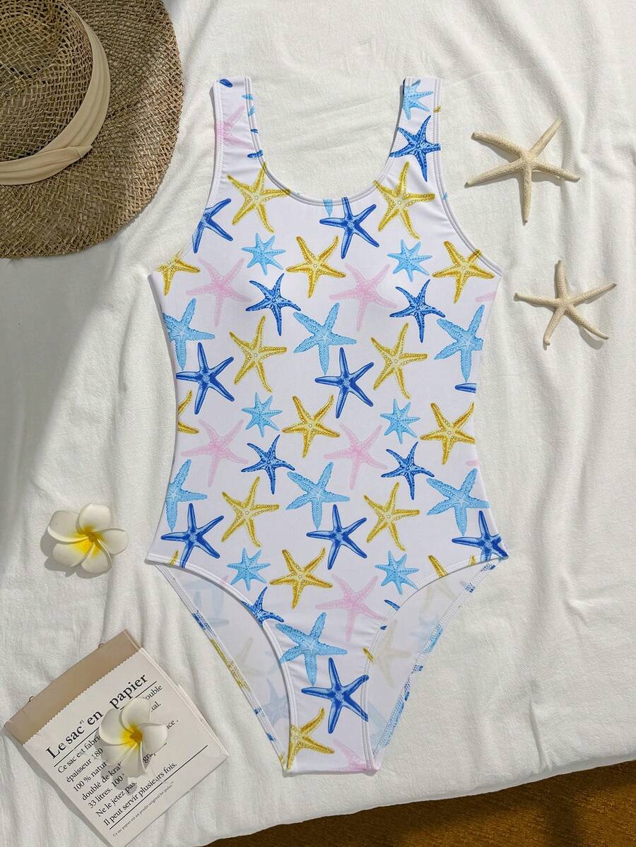 SHEIN 青少年女孩甜酷風多彩海星夢幻氛圍寬肩帶一件式泳衣針織面料時尚休閒優雅適合游泳夏季度假海灘泳池派對休閒假日 - 彩色 - 查看 1