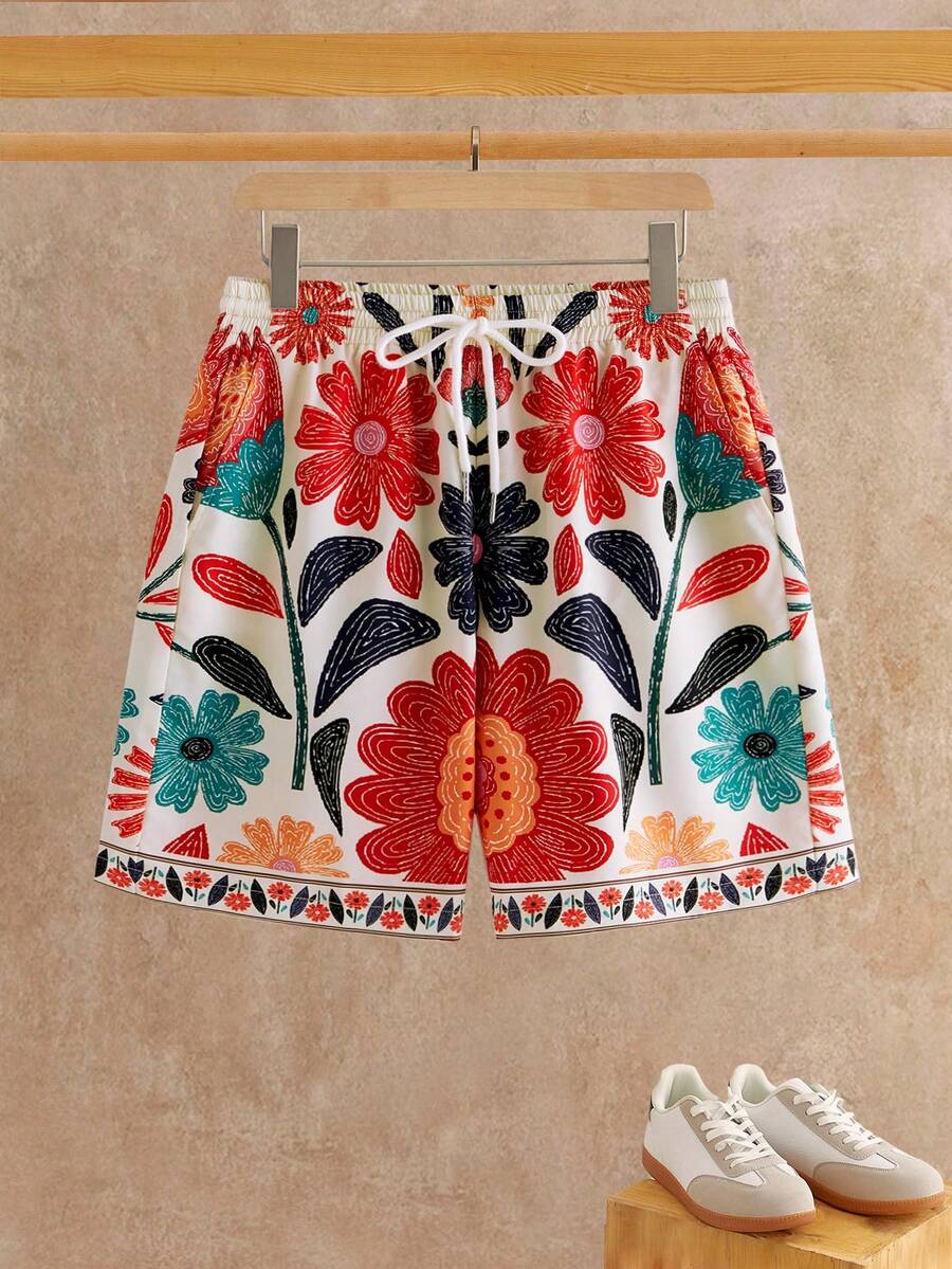 Manfinity VCAY Men's Floral Print Drawstring Waist Casual Vacation Shorts, Father's Day Gifts - Multicolor - View 1