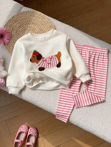 SHEIN Setelan Baju Sweatshirt Lengan Panjang dan Celana Panjang Bergaris Motif Kartun Lucu Kasual untuk Bayi Perempuan (3 Setelan, Dapatkan 1 Setelan Acak) - Putih - View 5
