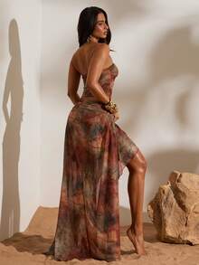 Opulessa Women's Knit Printed Fitted Tube Top & Slit Flowy Skirt 2 Pieces Set, Suitable For Spring/Summer Vacation,Vacation Outfits Women - Brown - View 3