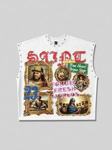ROMWE MEN Street Life Men's Loose Fit Tank Top With Rivet Decor And Printed Pattern - White - View 5