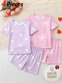 4件組女童夏季薄款愛心與蝴蝶結印花居家服，粉色與紫色短袖上衣與短褲套裝，針織布料，彈性舒適柔軟，修身休閒甜美風睡衣 - 粉色 - 查看 3
