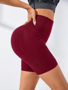 SHEIN Sports Women's Solid Color High Waist Daily Fitness Sports Shorts - Burgundy - View 2