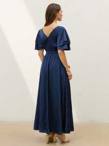 CielaLinda Women's Ruffle Short Sleeve V-Neck Maxi Dress For Summer Vacation, Wedding Guest Dress, Holiday Dress, Blue Dress, Maxi Dress, Prom Dress, Party Dress - Navy Blue - View 2
