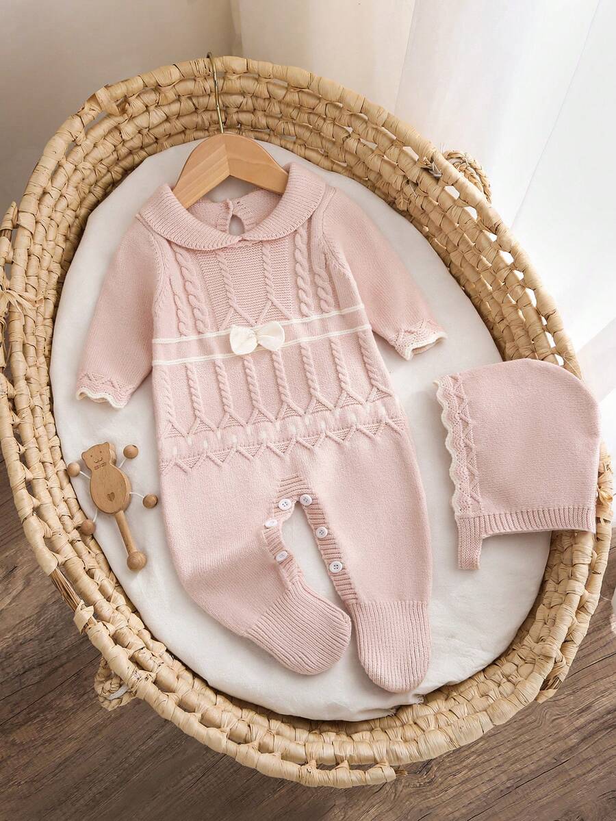 SHEIN Vintaside Kids 新生兒嬰兒針織長袖套頭領毛衣連身衣,附足套連身衣,秋/冬季,杏色淺色,百搭日常穿著,麻花繩編織設計,時尚時尚,對比粉色蝴蝶結設計,優雅大方,可愛,適合日常居家穿著 - 淺粉色 - 查看 1