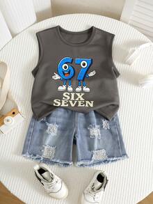 SHEIN 兒童/青少年男孩女孩中性款 2件組 春夏休閒時尚 67 MEME圖案背心與破洞牛仔短褲套裝，青少年男孩夏季服飾套裝，Squishy - 灰色 - 查看 3