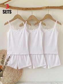 SHEIN Young Girls Random: 8 Pcs 6 Pcs Send Casual Minimalist Slim Fit Camisole Top & Shorts Set Suitable For Summer 6-Piece Set RANDOM 4 SETS Send 3 Set - White - View 12