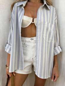 Airaco Women's Striped Colorblock Pocket Single-Breasted Long Sleeve Minimalist Versatile Shirt - Blue - View 3