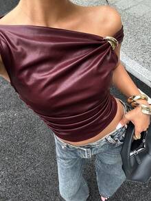 Siren Gaze Women's Sexy Elegant PU Material Metal Buckle Ruched Asymmetric Neck Tank Top Club Party Rave Night Out Rave Burgundy Summer - Burgundy - View 6