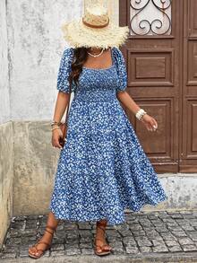 Breezaya Plus Size Women's Square Neck Casual Resort Summer Dress - Blue - View 3
