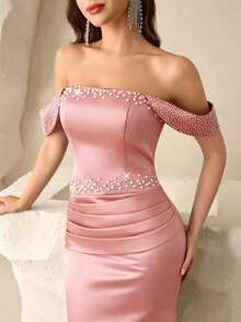 Coutiva Women's Tube Front Beaded + Rhinestone Embellished Bustier Formal Evening Gown (Heavy Workmanship Style) - Pink - View 6