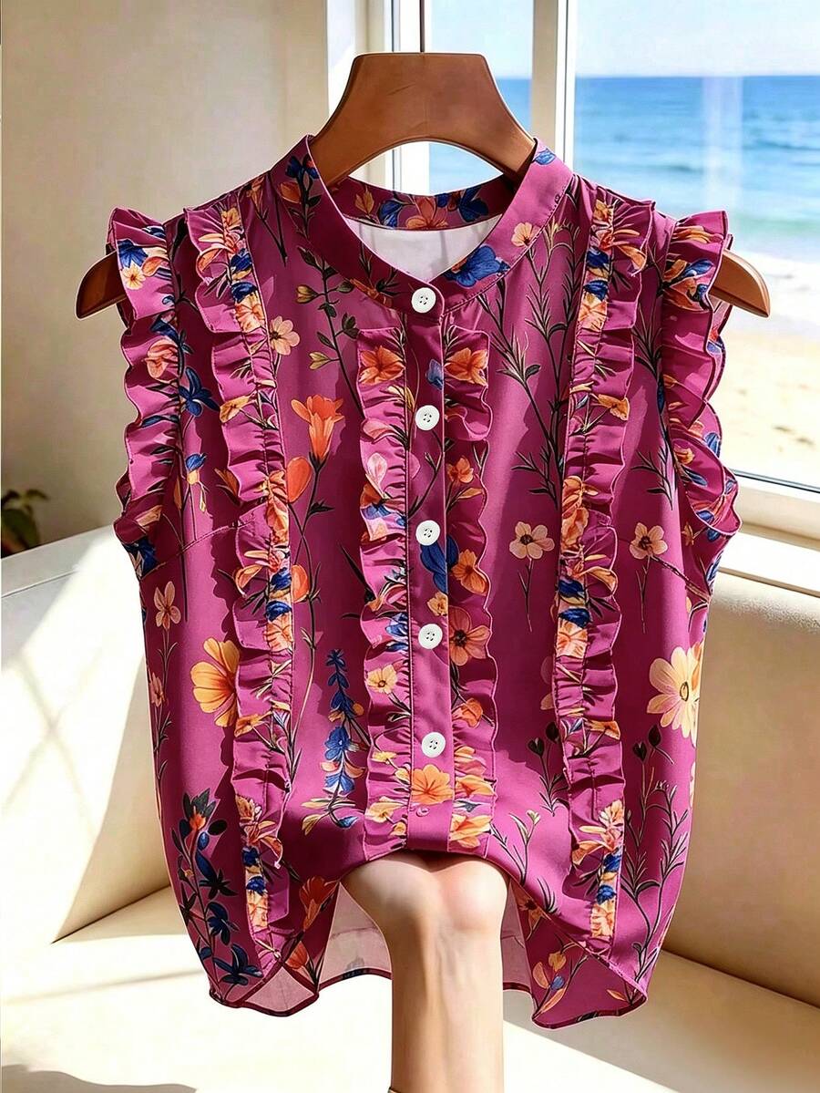 SHEIN Franclia 法式復古花卉印花面料荷葉邊立領與門襟設計襯衫,適合夏季、春季、復活節、假日活動、派對場合、海灘婚禮、畢業典禮 - 中紫紅色 - 查看 1