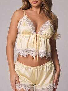MISSGUIDED Satin Pajama Set With Lace Trim Camisole And Matching Shorts Loungewear Sleepwear For Summer Nights - Yellow - View 3