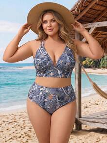 SHEIN CURVE+ 大尺碼夏季度假枝條印花比基尼套裝 - 彩色 - 查看 3