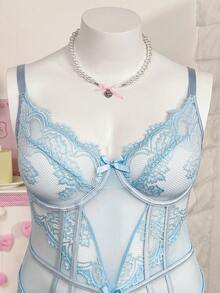 SHEIN 1件大尺碼蕾絲拼接性感內衣 - 藍色 - 查看 5