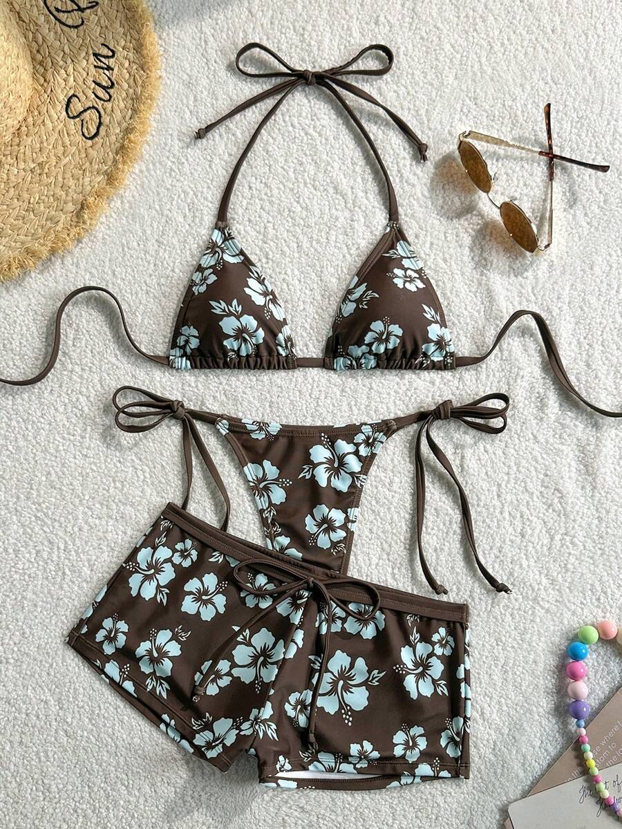 Soleia Summer New Beach Vacation Party Afternoon Tea Floral Print Micro Triangle Side Ruched 3-Piece Swimwear Set For Women, Floral Print Bikini Swimwear. Search: Polka Dot Bikini, Polka Dot Swimwear - Multicolor - View 1
