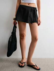 ATUI Studio Women's Solid Color Side Waist Tie Casual Skort Shorts Vacation Plain Black Summer - Black - View 3