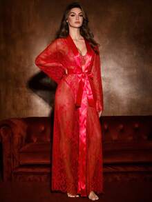 Bella Beso Sexy And Elegant Long Robe With A Belt, Lace Patchwork Coat Dress, Gauze Patchwork Elegant Nightgown, Home Wear, Valentine's Day - Red - View 4