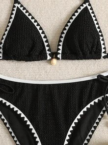 SHEIN 青少年女孩夏季泳裝女孩度假條紋飾邊掛脖綁帶比基尼套裝，/套裝，夏季海灘 - 黑色 - 查看 5