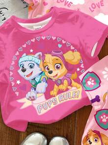 SHEIN | PAW Patrol 少女簡約休閒寬鬆落肩三件套短袖T恤，適合春夏，可愛精美圖案印花，可愛斯凱、美麗艾佛瑞斯特、彩色條紋圖案印花、經典迷彩背景圖案印花 - 彩色 - 查看 3