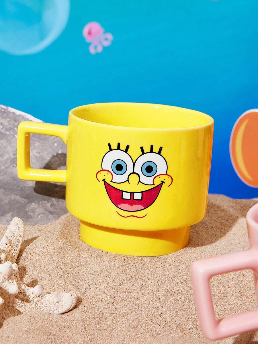 SpongeBob SquarePants | SHEIN 1 Buah Mug Bergambar Kartun, Kapasitas 12,68oz/375ml, Dapat Ditumpuk, Tahan Dingin dan Panas, Dapat Digunakan di Oven Microwave dan Mesin Pencuci Piring, Cocok untuk Air, Susu, Jus, dan Kopi - Kuning - View 1