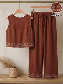 Rusticease Women's Minimalist Print Sleeveless Top And Pants 2 Pieces Set - Rust Brown - View 3