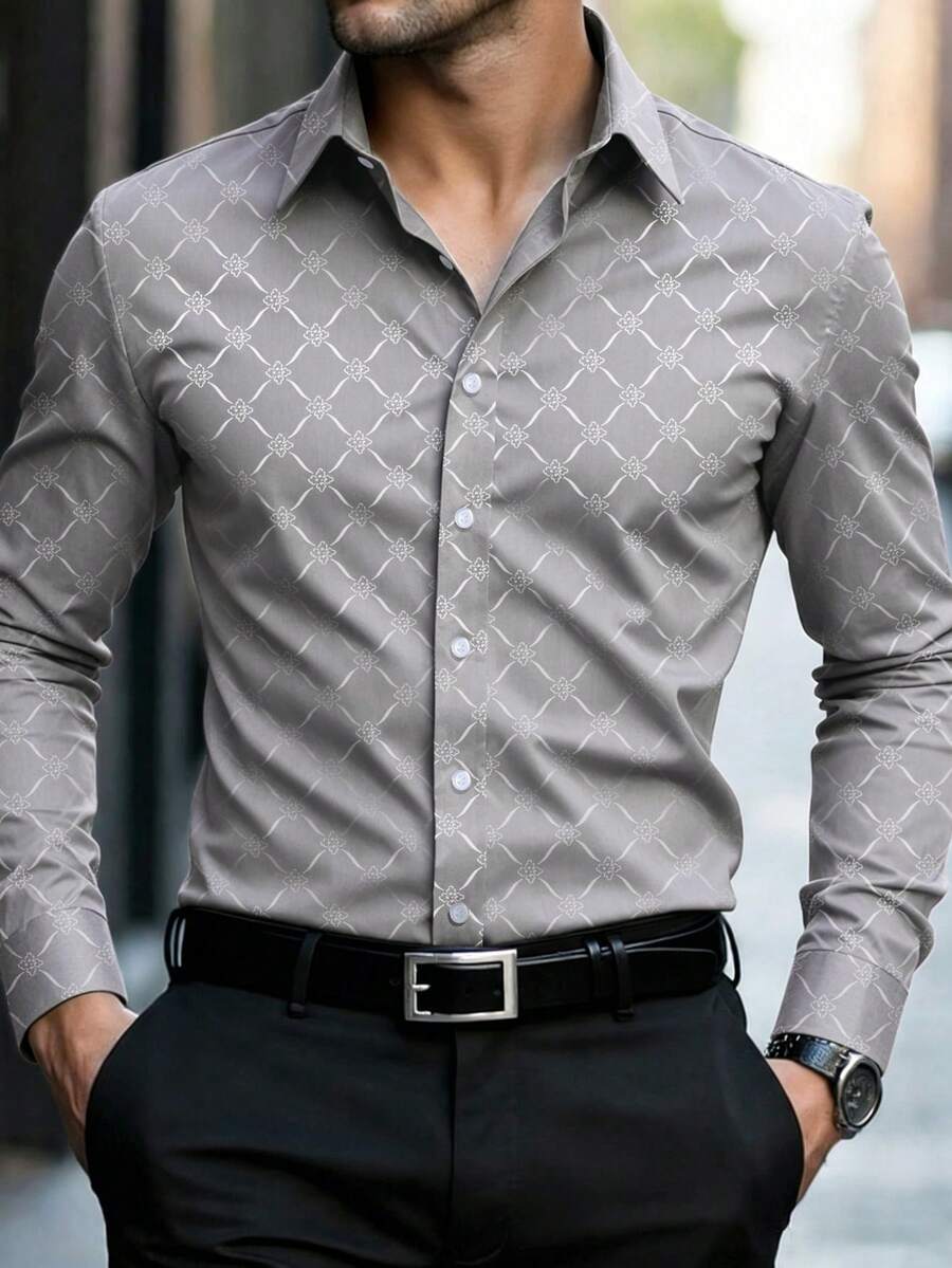 Manfinity Mode Kemeja Pria Lengan Panjang Slim Fit dengan Kancing Depan, Kemeja Kasual Formal Bisnis Pas Badan untuk Acara, Liburan Musim Gugur - Light Grey - View 1