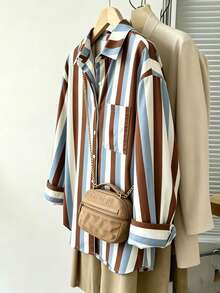 Franclia Women's Standard Size Casual Outing Vacation Striped Long Sleeve Shirt - Khaki - View 3