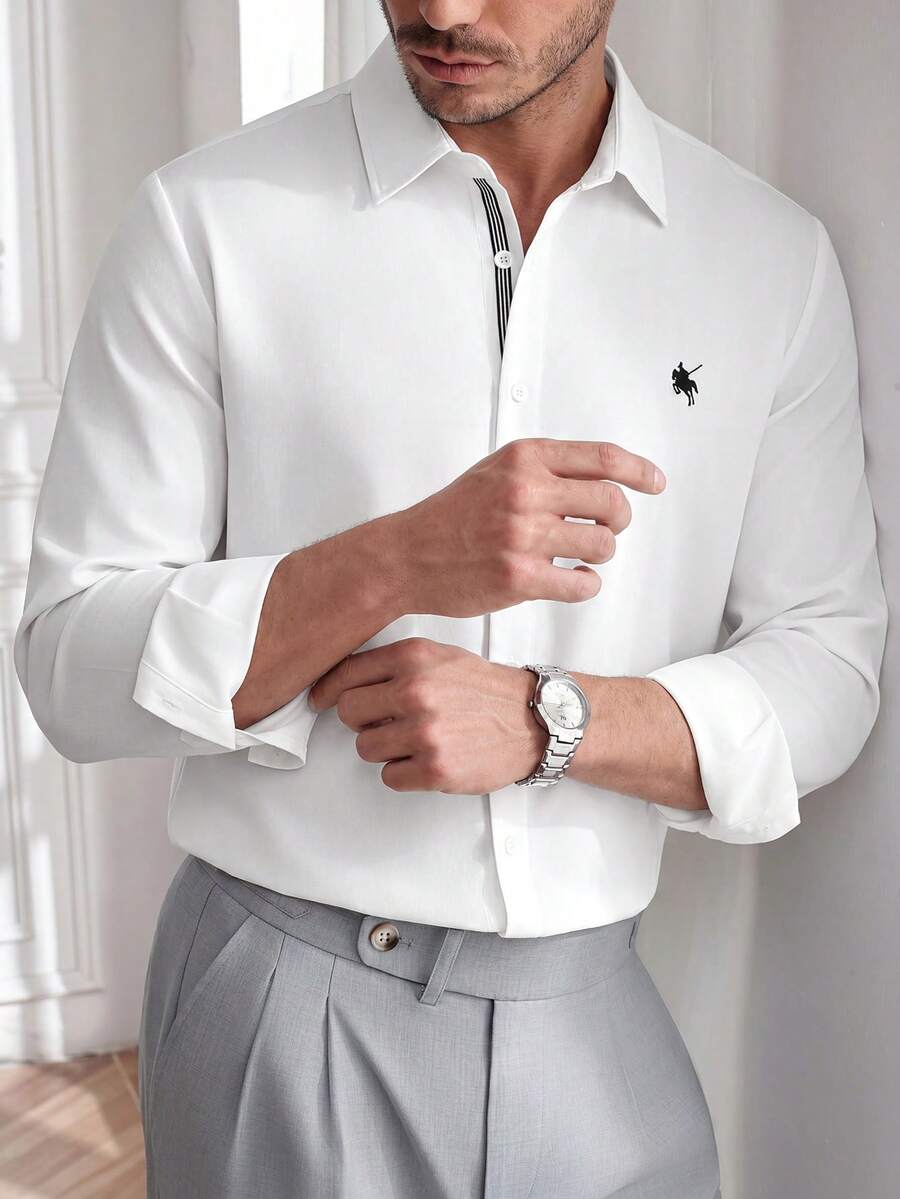 Core Aspect Men's Solid Color Placket Woven Tape Design Chest Print Casual Business Slim Fit Long Sleeve Shirt - White - View 1