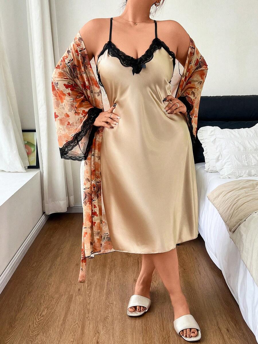 SHEIN 成熟優雅緞面細肩帶洋裝花卉圖案網紗晨袍大尺碼睡衣兩件組 - 薑色 - 查看 1