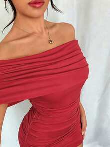 SHEIN Raffinéa 女款春夏新款時尚優雅休閒百搭純色露肩緊身迷你洋裝，性感修身，適合夜店、約會之夜，紅色 - 紅色 - 查看 5