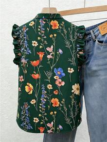 SHEIN Franclia 女款花卉印花百褶休閒百搭日常出遊襯衫 - 墨綠色 - 查看 2