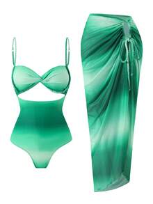 Swim SXY 夏季新款女款沙灘兩件式套裝，一件式上衣漸層編繩細肩帶側綁帶比基尼沙灘裙三件套 - 綠色 - 查看 4