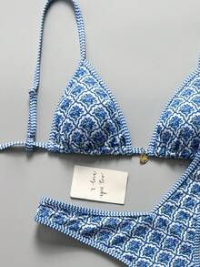 Swim Mod Women Summer Random Floral Spaghetti Strap Sexy Bikini Set - Blue and White - View 4