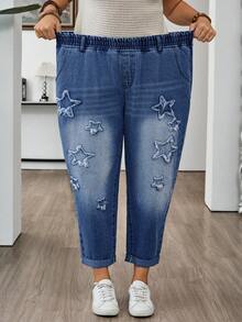 EMERY ROSE EMERY ROSE Jeans de talla grande versátiles con cintura elástica, bolsillos, dobladillo deshilachado y bordado de estrella de mar - Azul lavado medio - Ver 4